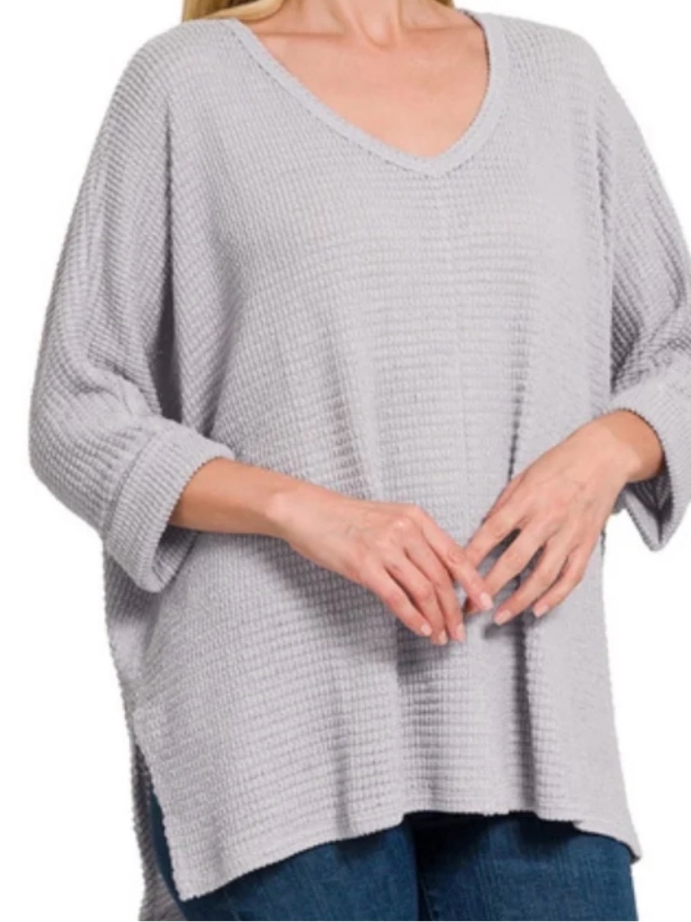 🩶 Zenana Gray Waffle Knit Oversized V-Neck High Low Top S/M Boho